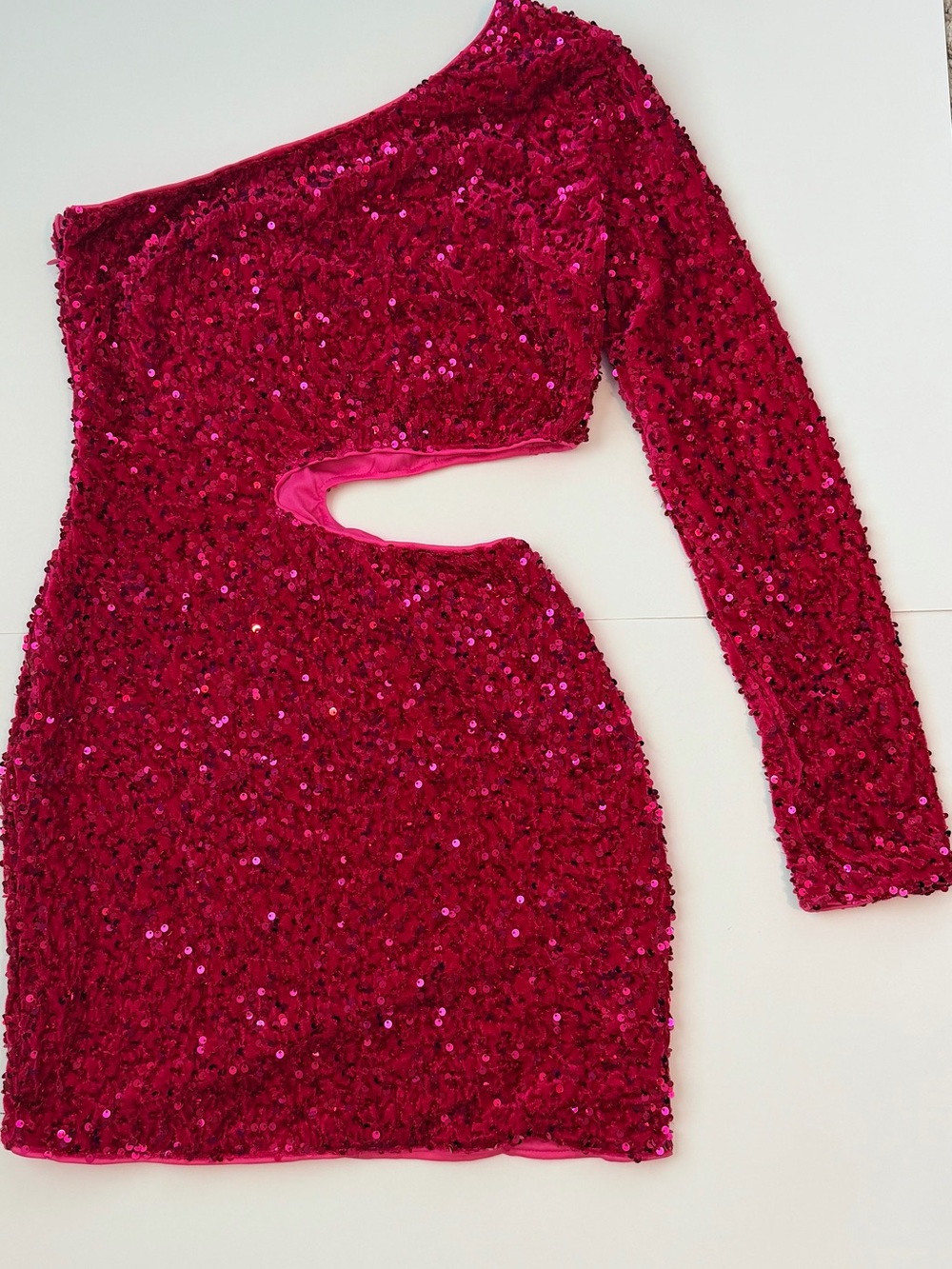 SHEIN One-Shoulder Hot Pink Sequin Cutout Dress